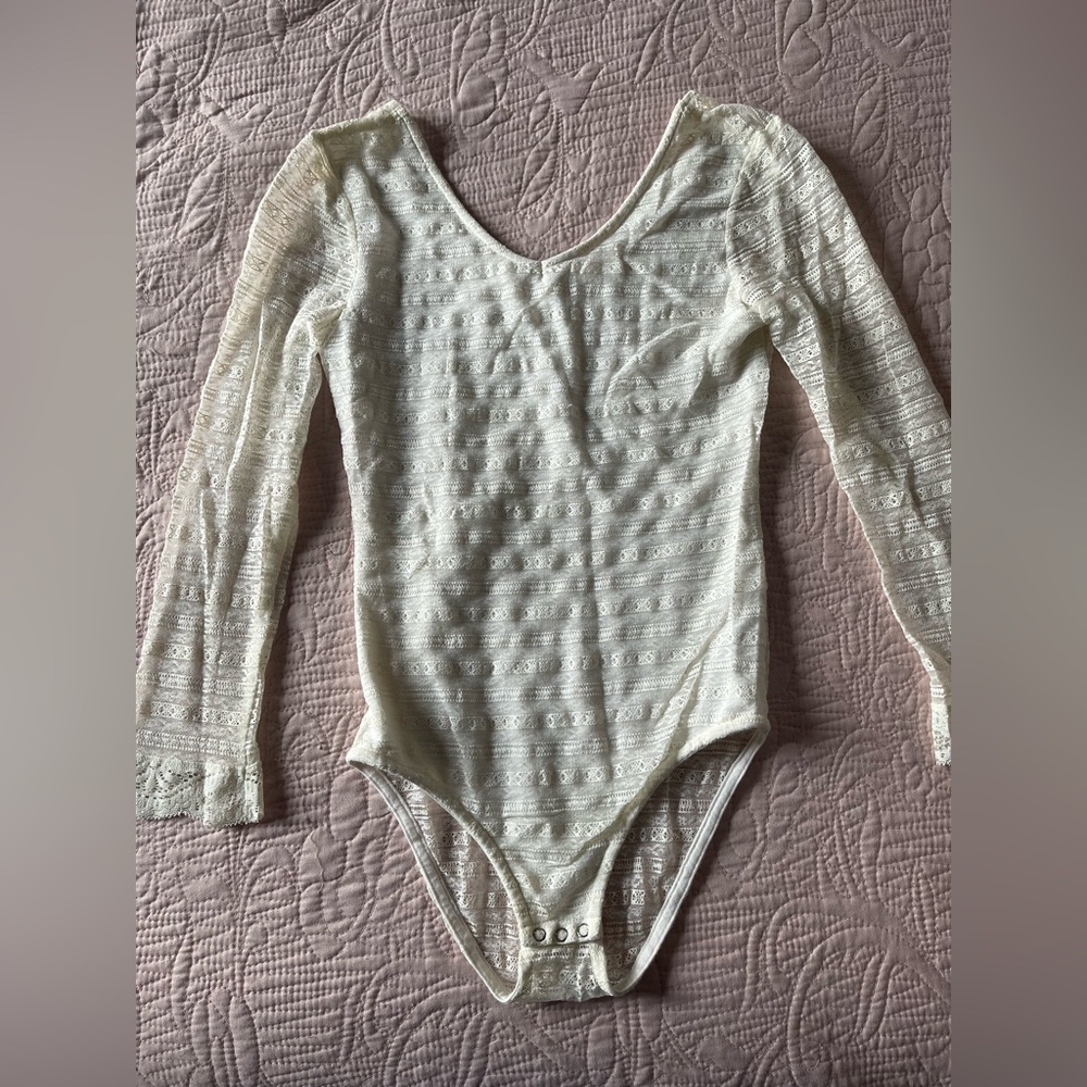 Bethany Mota Cream Long-Sleeve Lace One-Piece Bodysuit